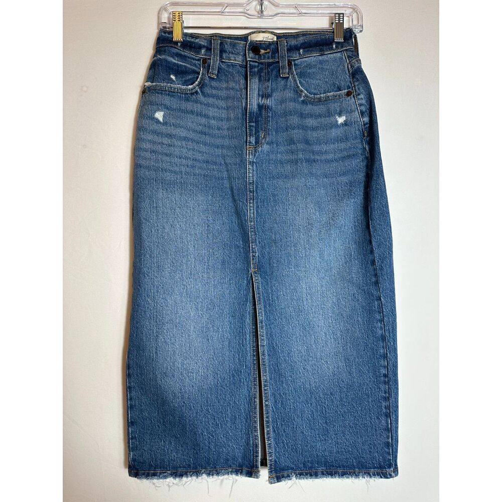 Universal Thread Denim Midi Skirt with Slit Raw Hem Size 2